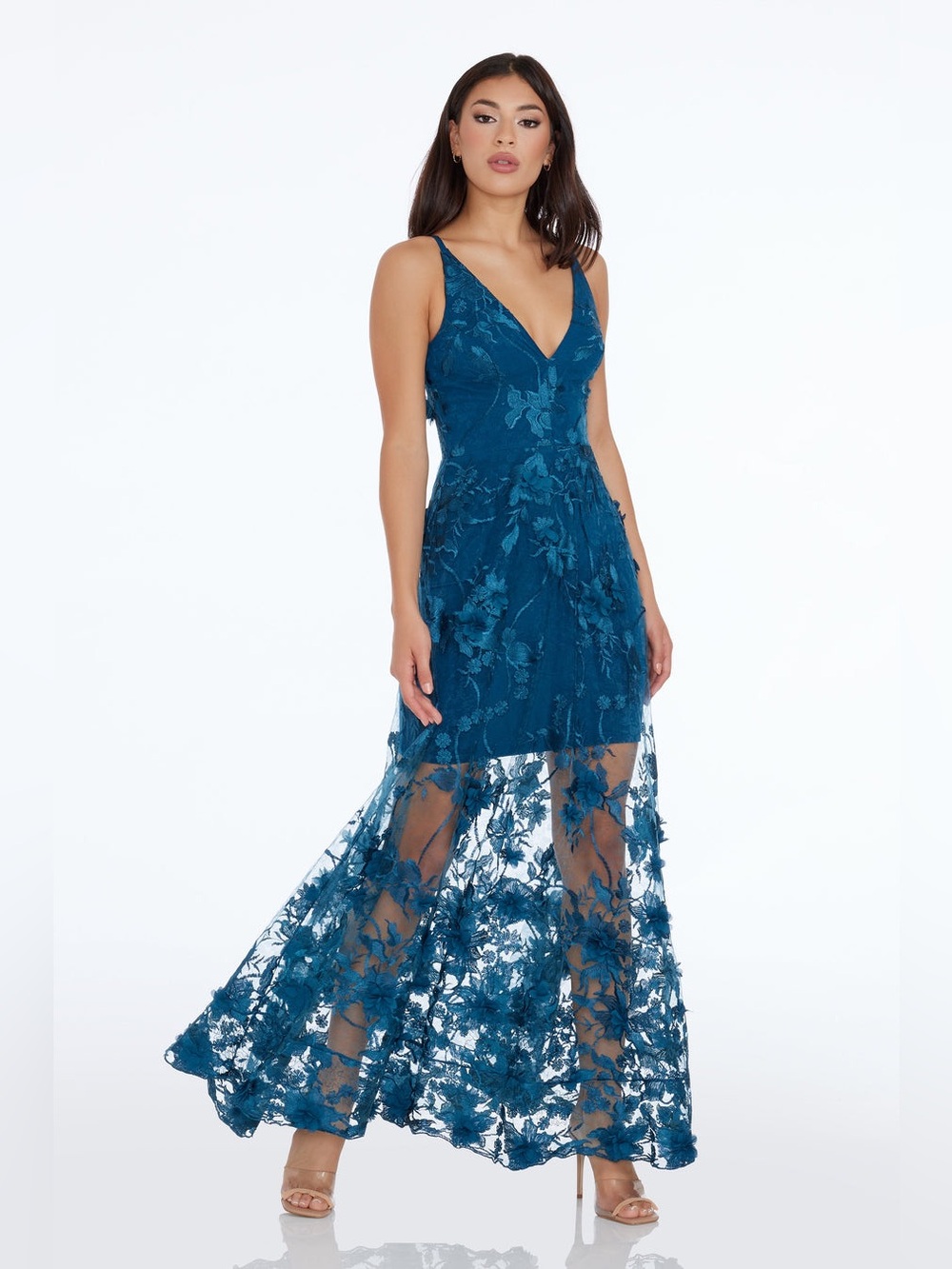 Dress the Population Sidney Gown Peacock Blue 3D Floral Appliqué Maxi Dress M